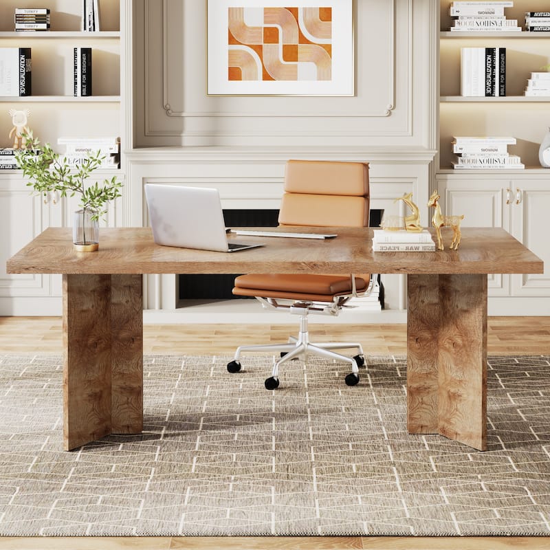 63 Inches Wood Large Executive Office Desk - Light Oak Brown