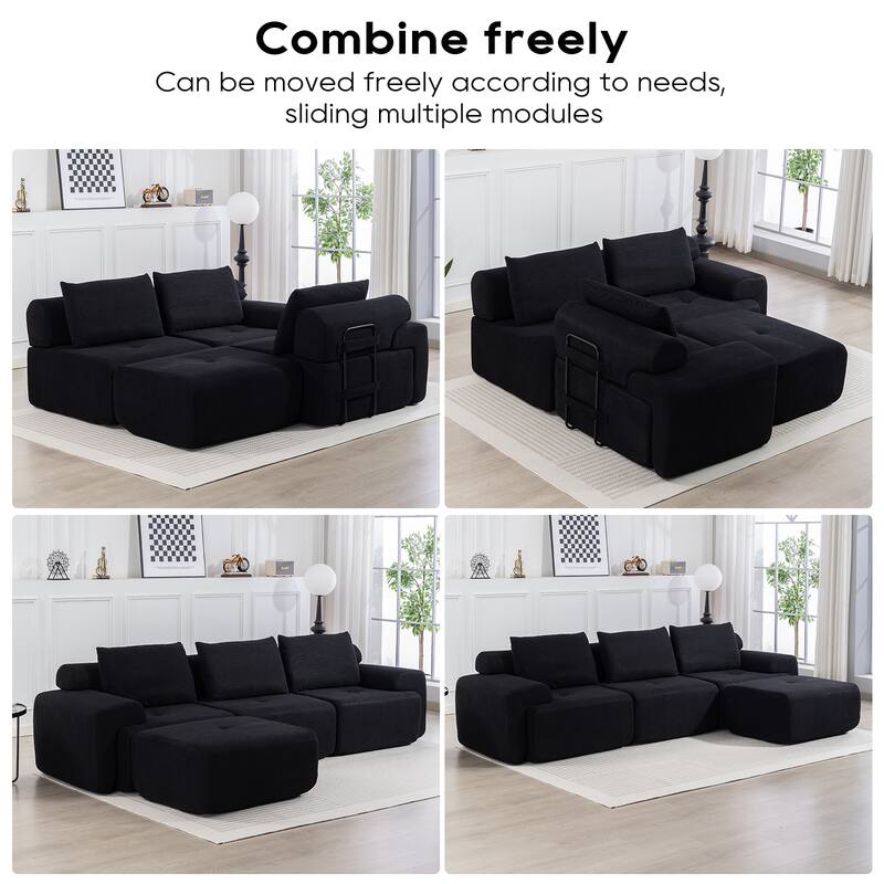 L-Shaped Sectional Convertible Sofa Bed, Corduroy Fabric, Steel Frame, Black