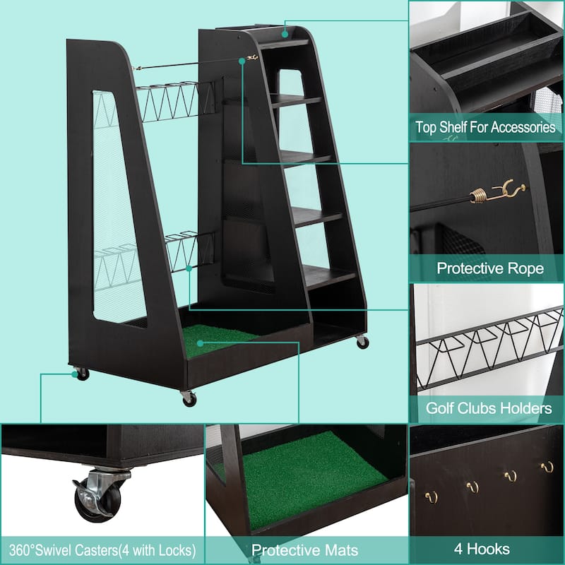 Wooden Golf Bag Organizer and Storage Rack - Holds 2 Golf Bags, 12 Clubs, 4-5 Pairs of Golf Shoes, 50+ Golf Balls