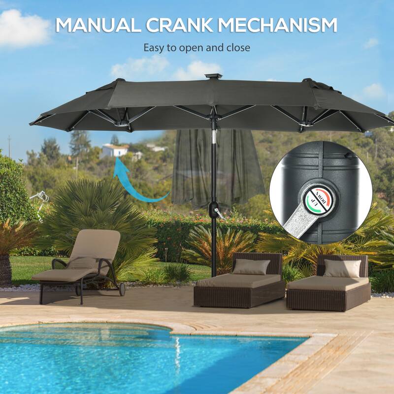 Outsunny Double-sided Patio Umbrella with Solar Lights and Sandbag Base, Outdoor Table Umbrella with Push Button Tilt, Crank