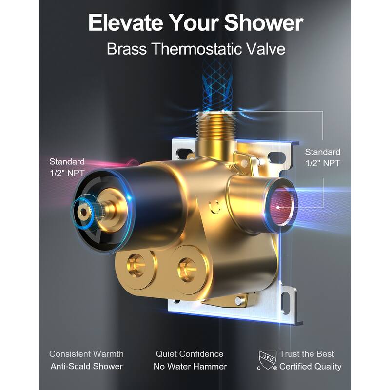 GRANDJOY Shower Faucet System 12" Wall Mount Rainfall Shower Head Body Jets Handheld Spray with Hose Thermostatic