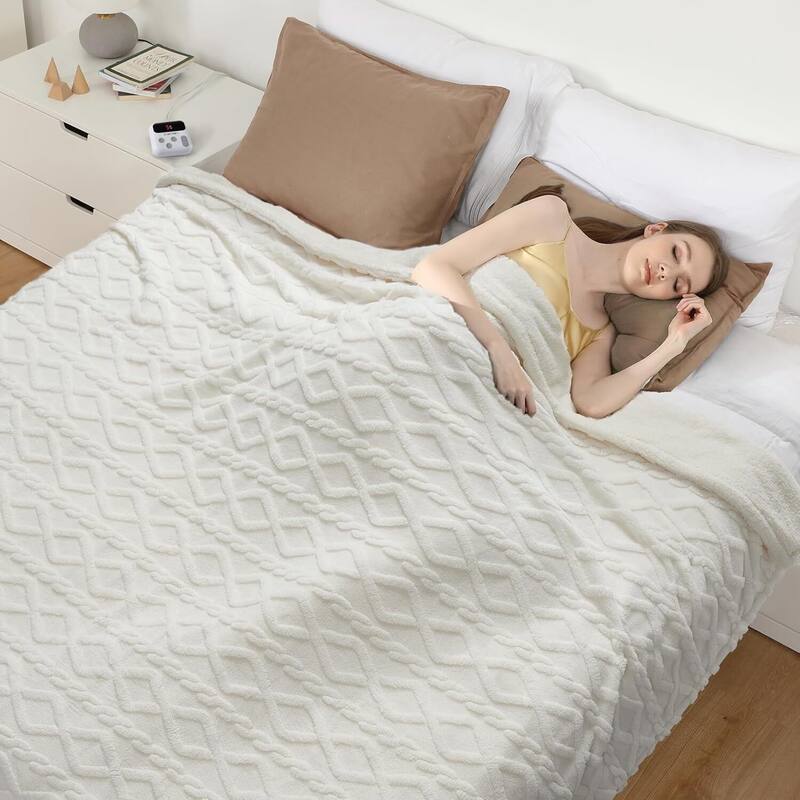 Tufted Sherpa Electric Blanket with 6 Heating Levels for Living Room, Bedroom, White - 84*90Inch