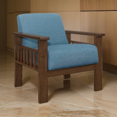 Bella 32 Inch Accent Chair Armchair, Storage Arms, Blue, Solid Rubberwood