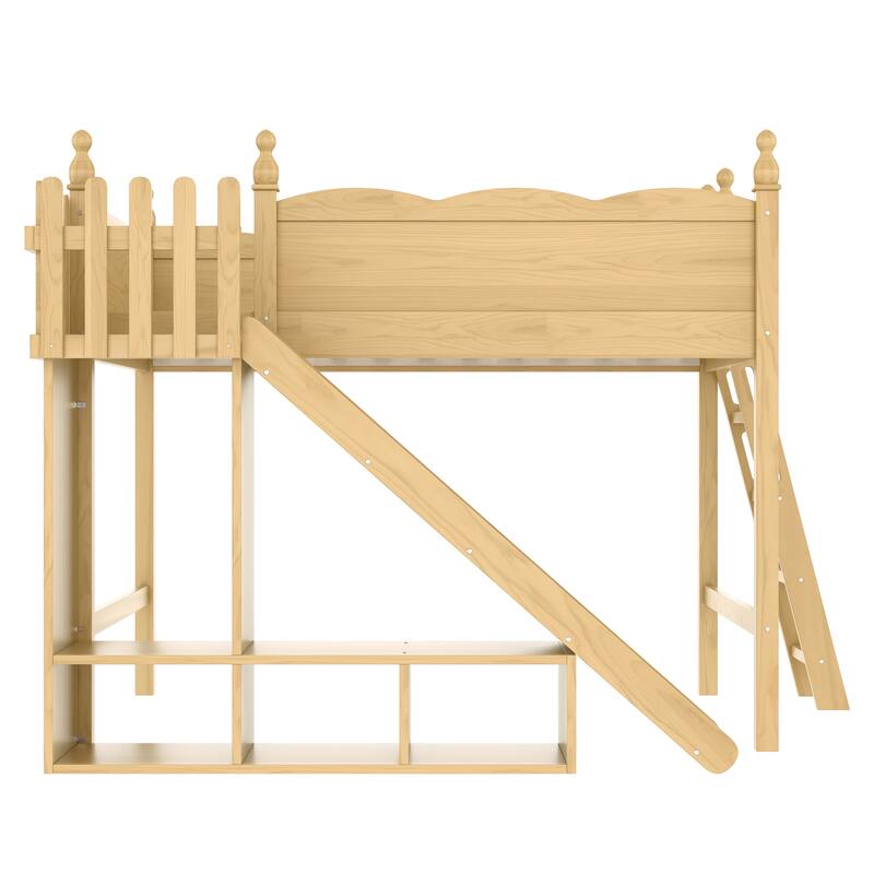 Full Loft Bed with Storage Shelves and Cabinet, Solid Wood Loft Beds with Detachable Slide and Ladders, No Spring Box Needed