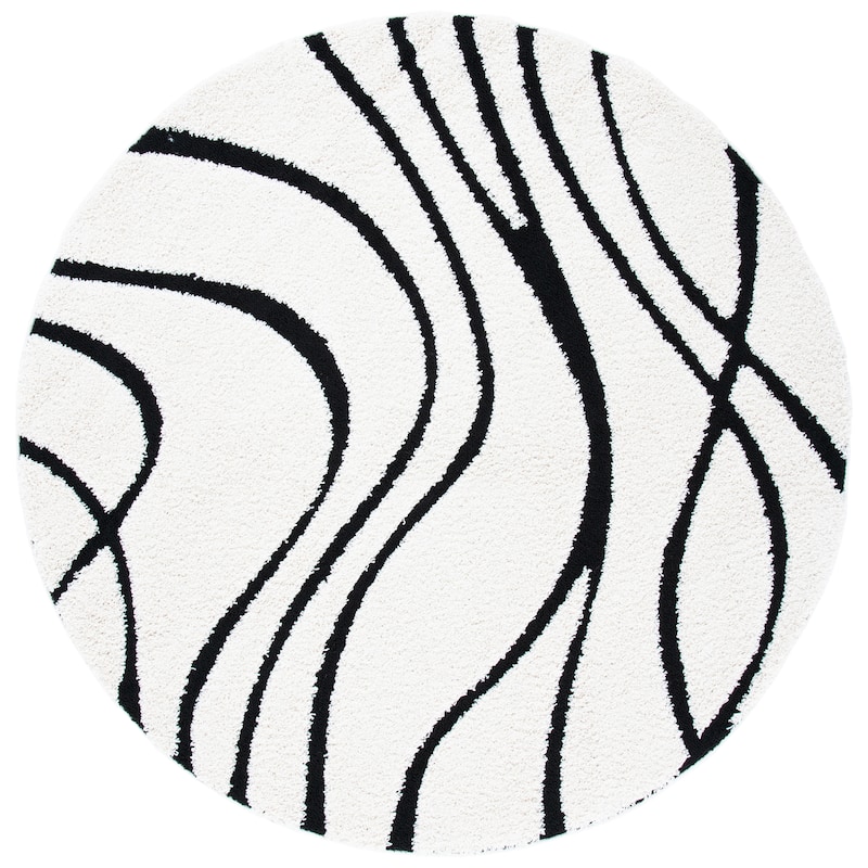 SAFAVIEH Florida Shag Sigtraud Abstract Waves 1.2-inch Thick Rug - 6'7" Round - Ivory/Black - Round