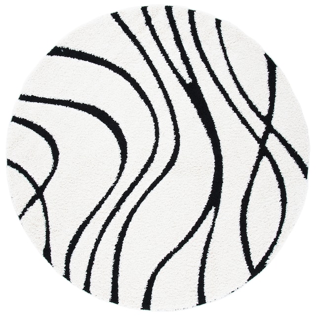 SAFAVIEH Florida Shag Sigtraud Abstract Waves 1.2-inch Area Rug - 5' x 5' Round - Ivory/Black