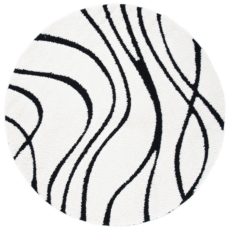 SAFAVIEH Florida Shag Sigtraud Abstract Waves 1.2-inch Area Rug - 6'7" x 6'7" Round - Ivory/Black
