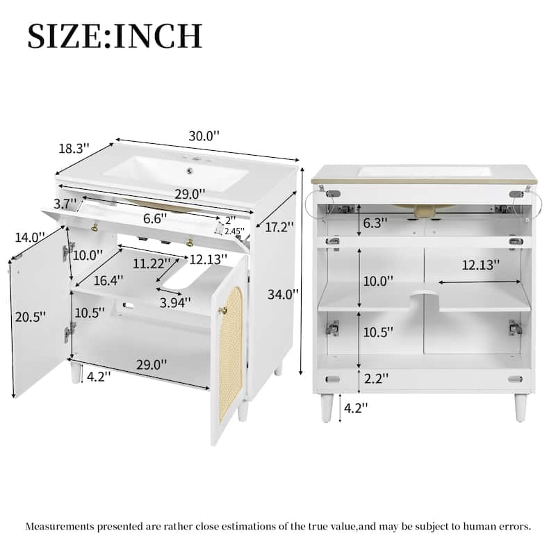 30" Bathroom Vanity with Ceramic Sink - Solid Wood Frame Cabinet with Adjustable Shelf, Tip-Drawer & Rattan Panels