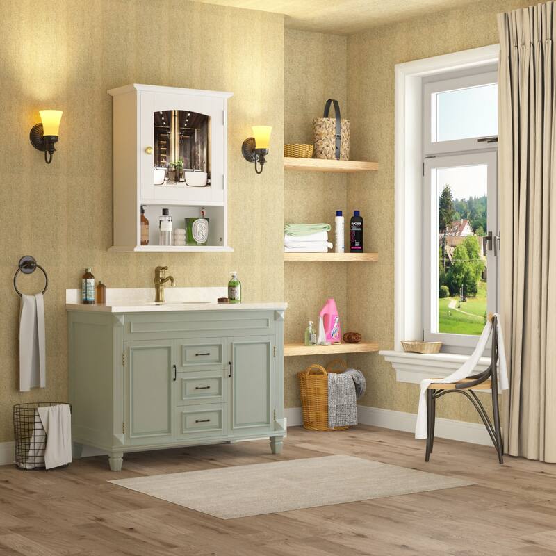 VECELO Modern White Wall Mounted Medicine Cabinet with Mirror & Gold Handle 3-Tier Bathroom Storage Cabinet for Bathroom