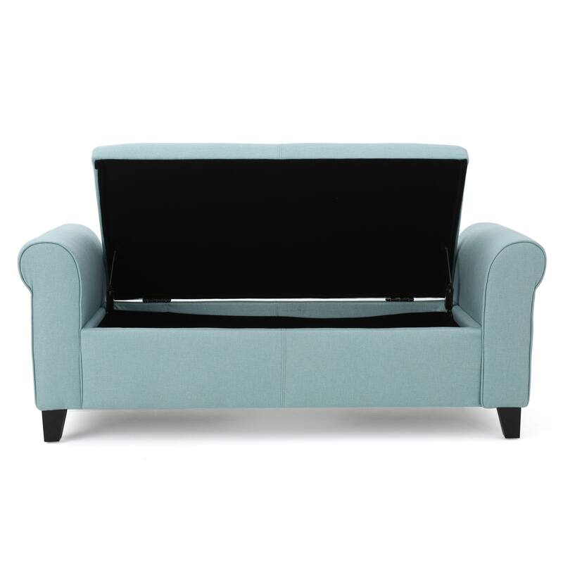 Jacob Storage Ottoman Bench, Rolled Arms, Blue Fabric, Black, 50 Inch