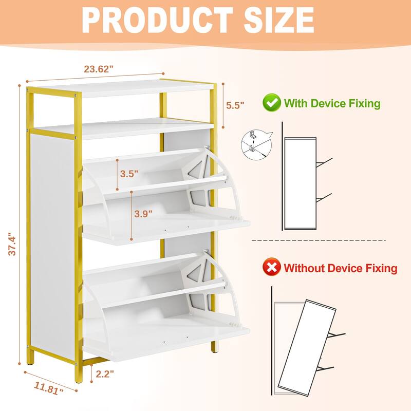 VECELO White and Gold Shoe Storage Cabinet with 2 Flip Drawers & Open Shelf Entryway Organizer for Hallway and Living Room