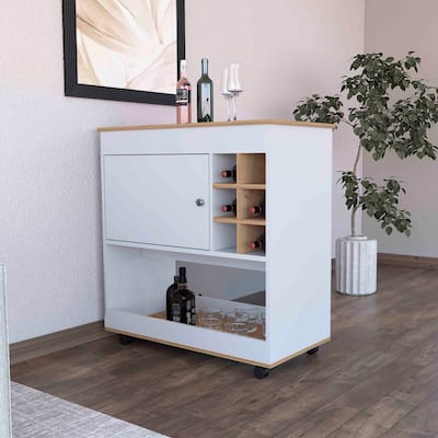 Texas Bar Cart, One Cabinet, Six Bottle Cubbies, One Lower Panel, Four Casters