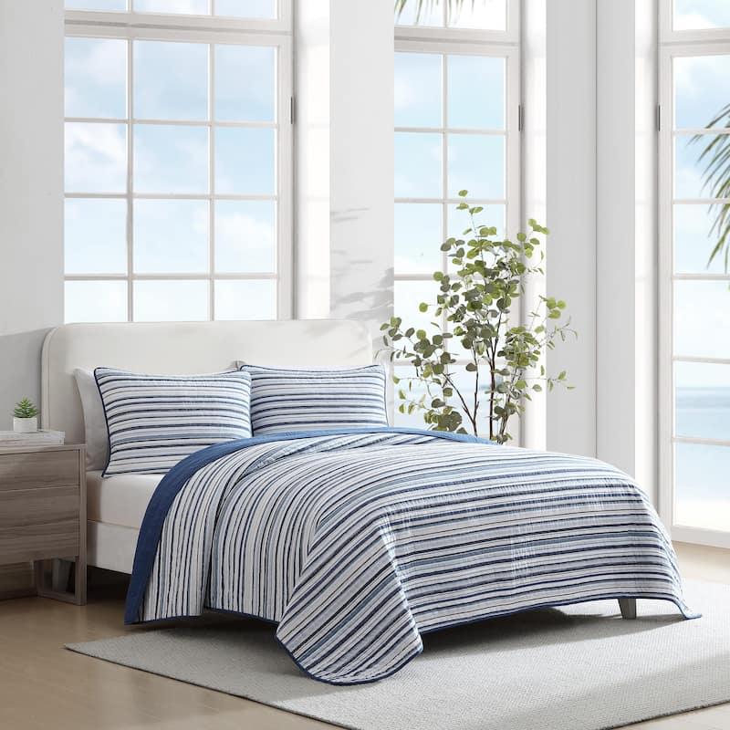 Nautica Pembrook Classic Stripes With Solid Reverse Cotton Quilt (Blue, 3 Piece Set)