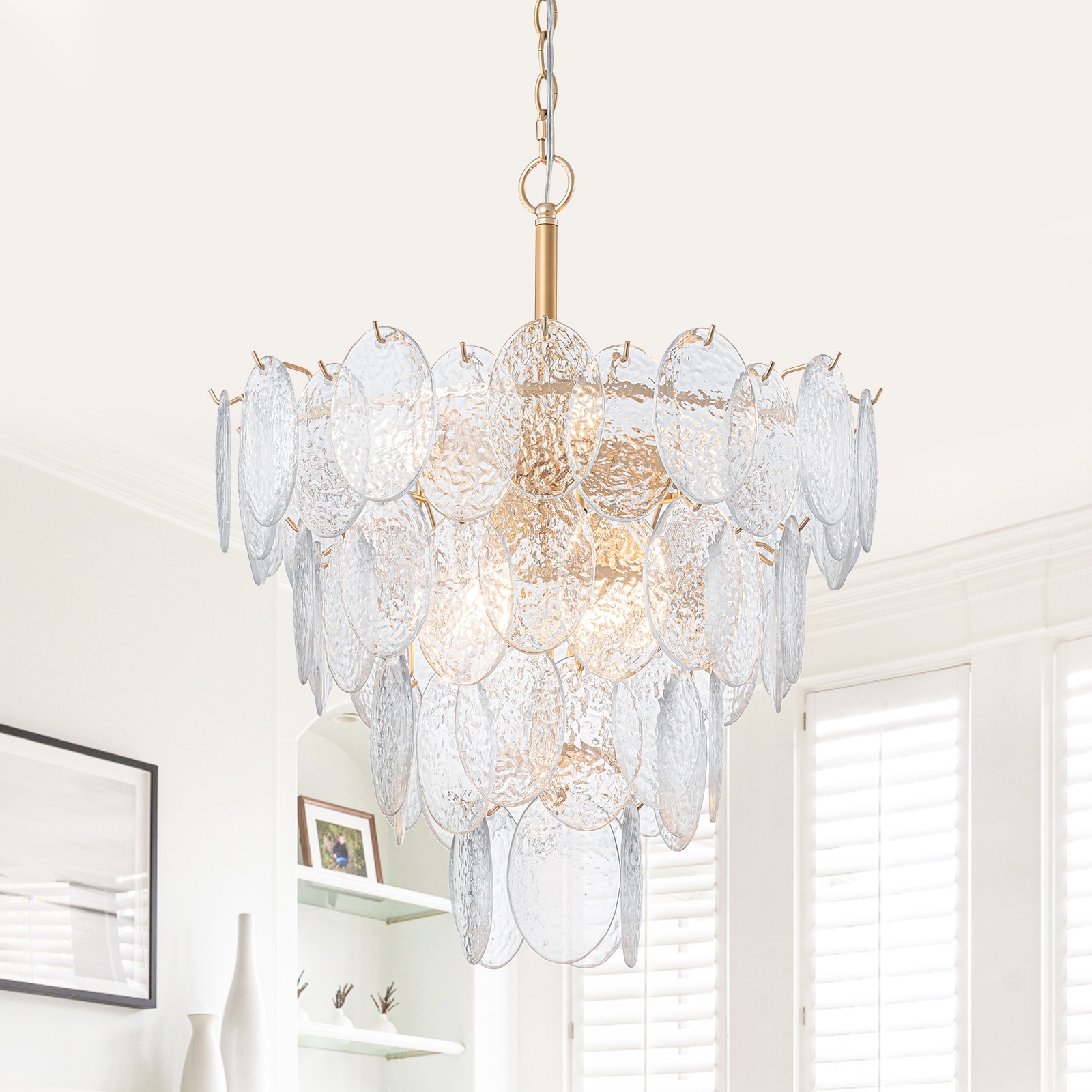 9-Light Modern Gold Tiered Chandelier Hammered Clear Oval Glass Shade - Dia.22.05inch