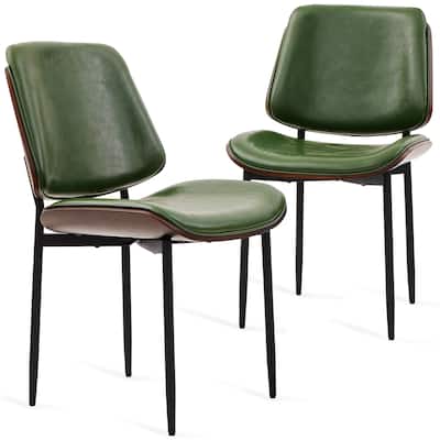 Mid-Century Dining Chairs Set of 2 - PU Leather Upholstered, Retro Walnut Bentwood Design with Adjustable Metal Legs, Green