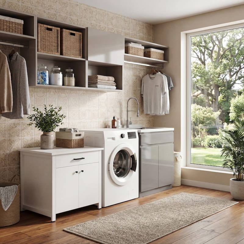 Laundry Cabinet with Drawer and Double Doors, Heavy Duty Washer Stand Storage Cabinet Utility Storage Cabinet