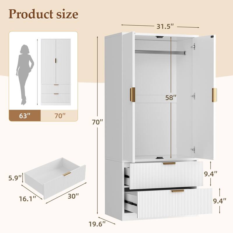 Pocassy 70" H Wardrobe Closet with 2 Doors and 2 Drawers for Bedroom