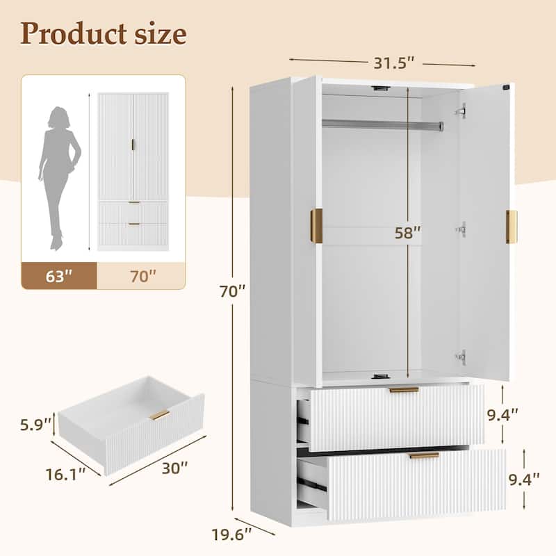 Pocassy 70" H Wardrobe Closet with 2 Doors and 2 Drawers