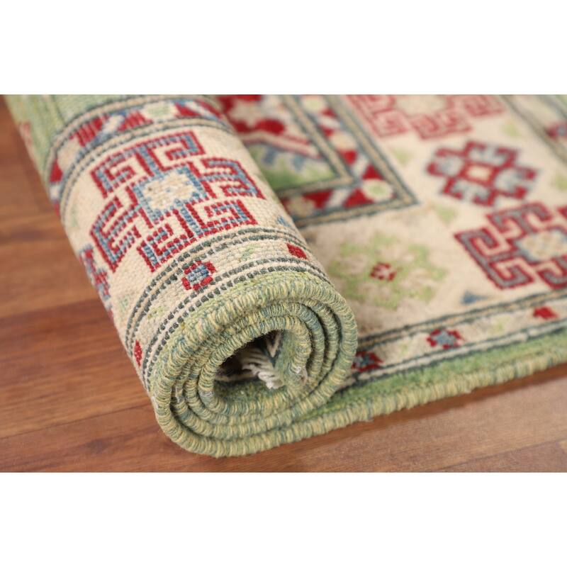 Light Green Geometric Kazak Oriental Accent Rug Handmade Wool Carpet - 2'7" x 3'10"