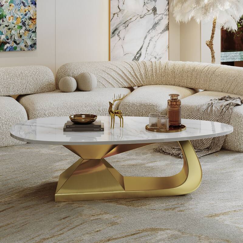 GDFStudio - Contemporary 51.2" Oval Sintered Stone Coffee Table with Sculptural Stainless Steel Base