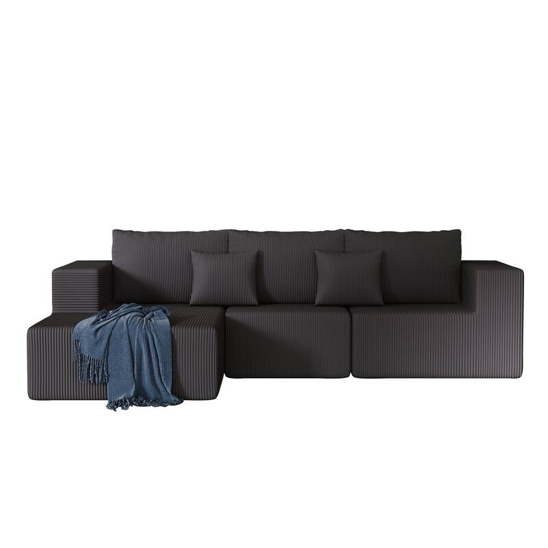L Shaped Sectional Foam Sofa, Upholstered Corduroy Fabric Sofa, Modular Cloud Couch with Chaise Lounge & Removable Covers