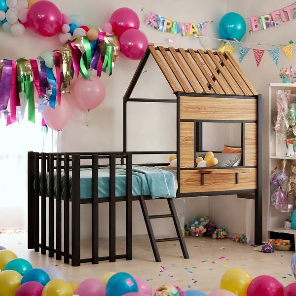 slide 2 of 10, Metal Twin size Loft Bed with Roof, Window, Guardrail and Ladder, Black Black