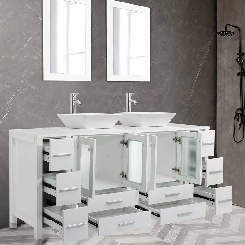 72" Bathroom Vanity Set with Vessel Sink Side Cabinet Combo - white ceramic square sink - White