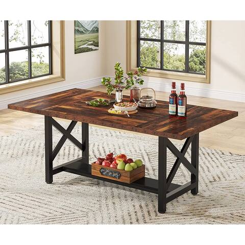 70.8" Dining Table with Storage Shelf for 6, Rectangular Kitchen Dining Room Table - Brown/Black