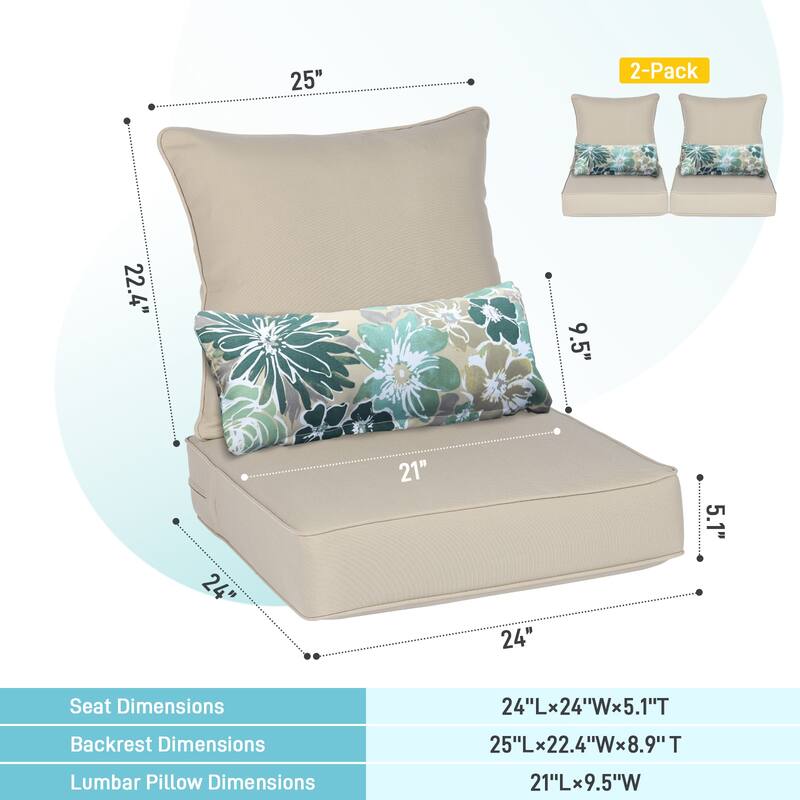 Aoodor Outdoor Deep Seat Chair Cushion Set (Set of 2 Seats, 2 Backs, 2 Pillows)