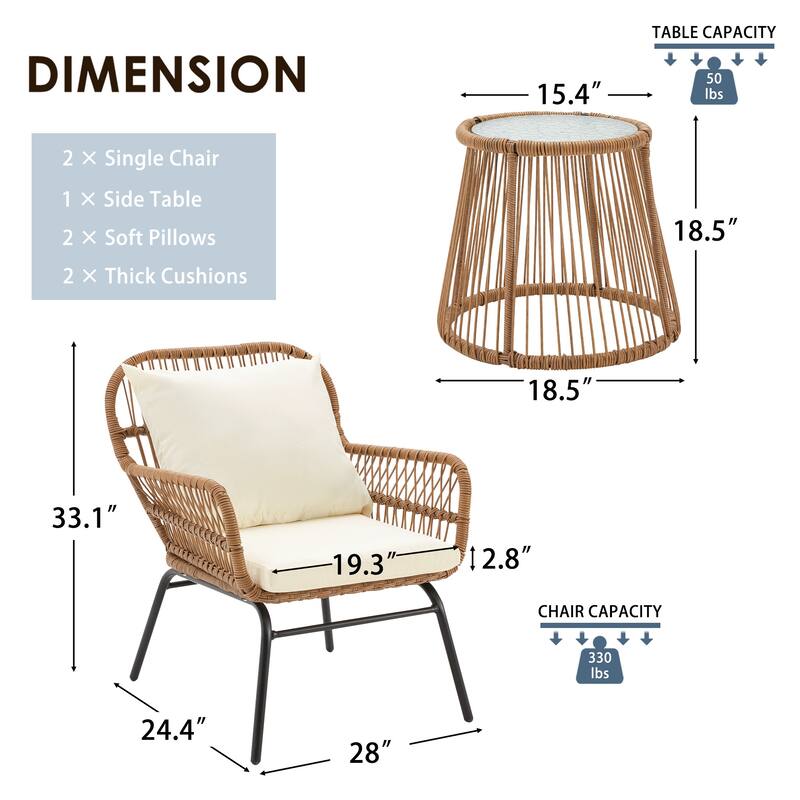3-Piece Patio Conversation Bistro Set, Outdoor Rattan Furniture Set with Glass Table & 2 Wide Armchairs, Seat Cushions