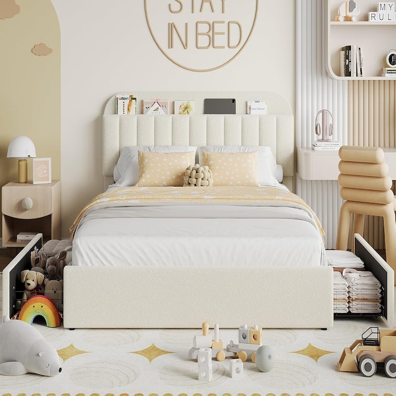 Bed Frame with 2 Drawers, Boucle Upholstered