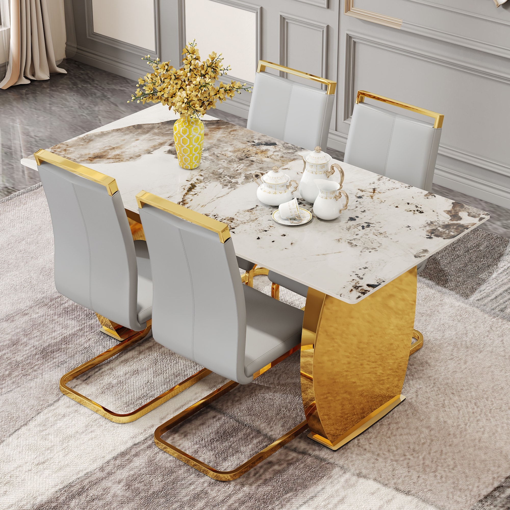 Grey Marble Pattern Round Table and Chair Set