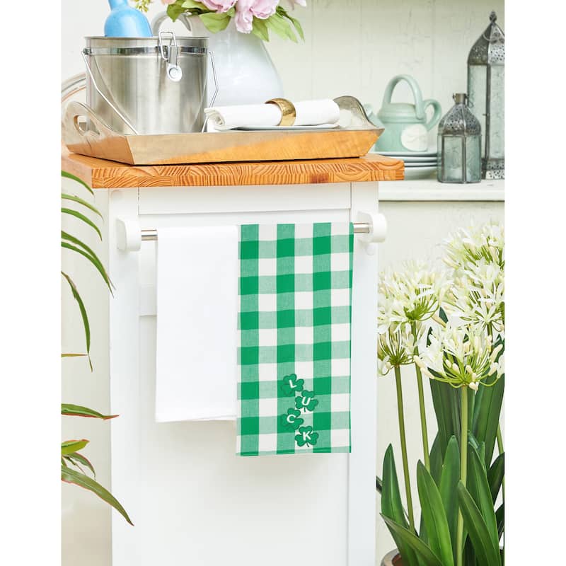 St. Patrick's Day Four Clover "Luck" Plaid Check Cotton Kitchen Dishtowel