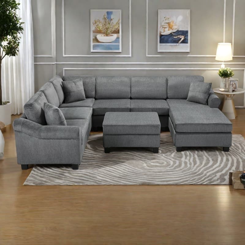 111.8" Chenille U-Shaped Sectional Sofa with Storage Ottoman (6-Seat) - Dark Gray