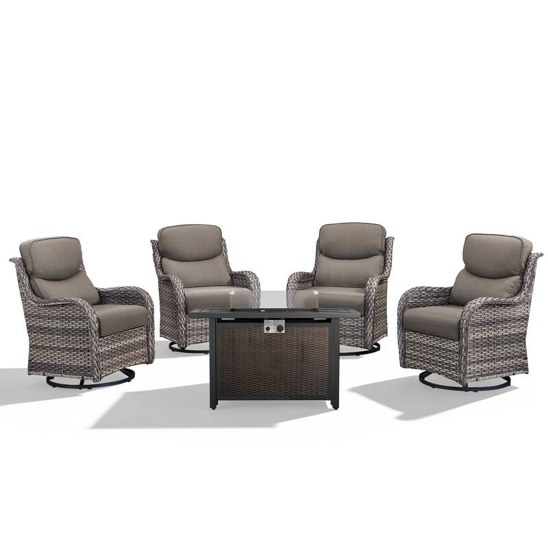 Meyreso 5-Piece Outdoor Patio Wicker Fire Pit 4 person Conversation Set with 5-Inch Thick Cushions