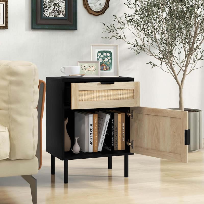 Costway Rattan Nightstand Set of 2 Mid Century Modern End Table with - See Details