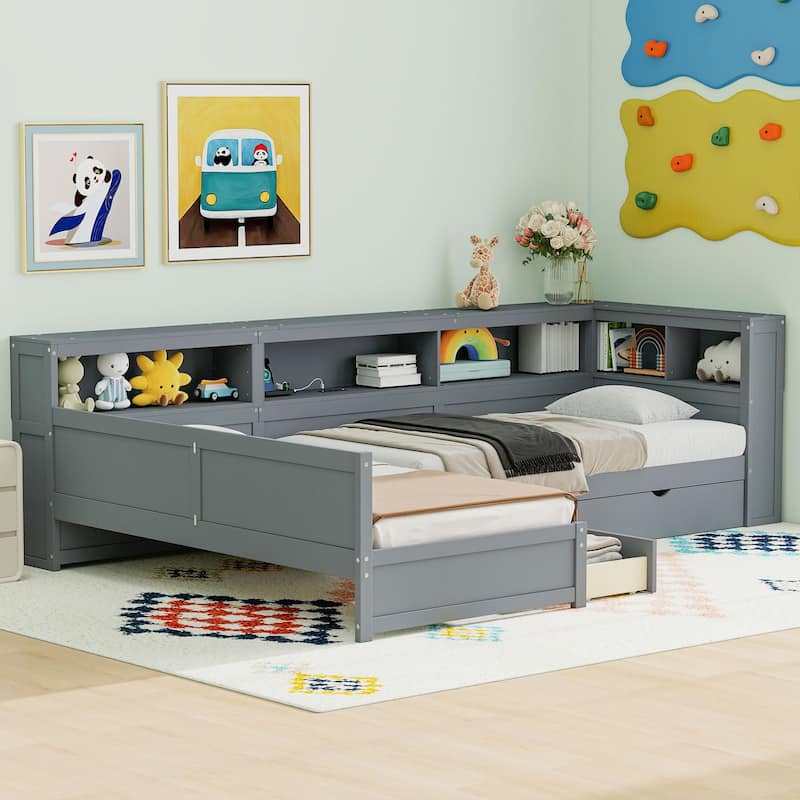 L-Shaped Wooden Twin Bed With Pull-Out Trundle & Built-In Storage Drawer‌ - Grey