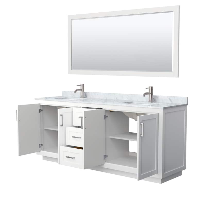 Miranda Double Vanity Set, White Carrara Marble Top, 70-Inch Mirror
