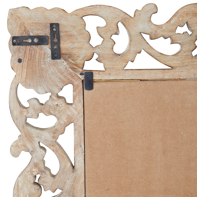 Light Brown Mango Wood Intricately Carved Floral Room Wall Mirror