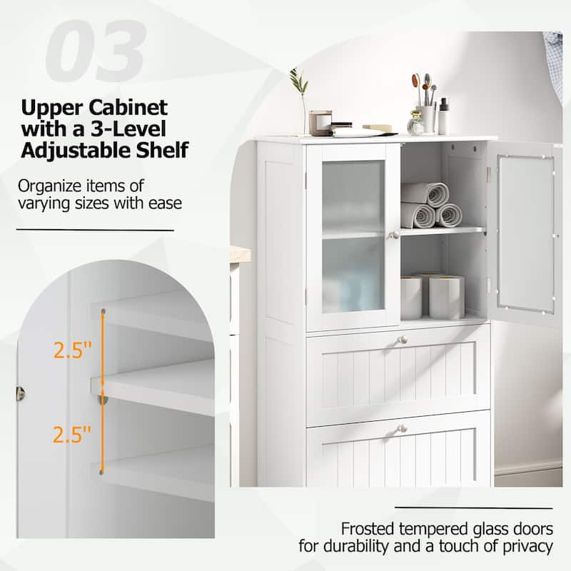 White Freestanding Floor Storage Cabinet with Glass Doors and 2 Drawers and Adjustable Shelf for Bathroom - 23.5" x 12" x 42.5"
