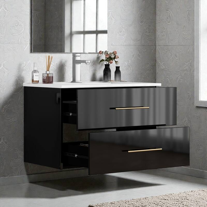30" Gloss Wall-Mounted Bathroom Vanity with Integrated Ceramic Sink, Double Drawers & Long Metal Handle for Modern Bathrooms
