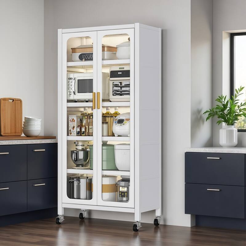 65" Kitchen Pantry Storage Cabinet, 6 Tier Metal Display Storage Cabinet with Transparent Door, Adjustable Shelves & Wheels