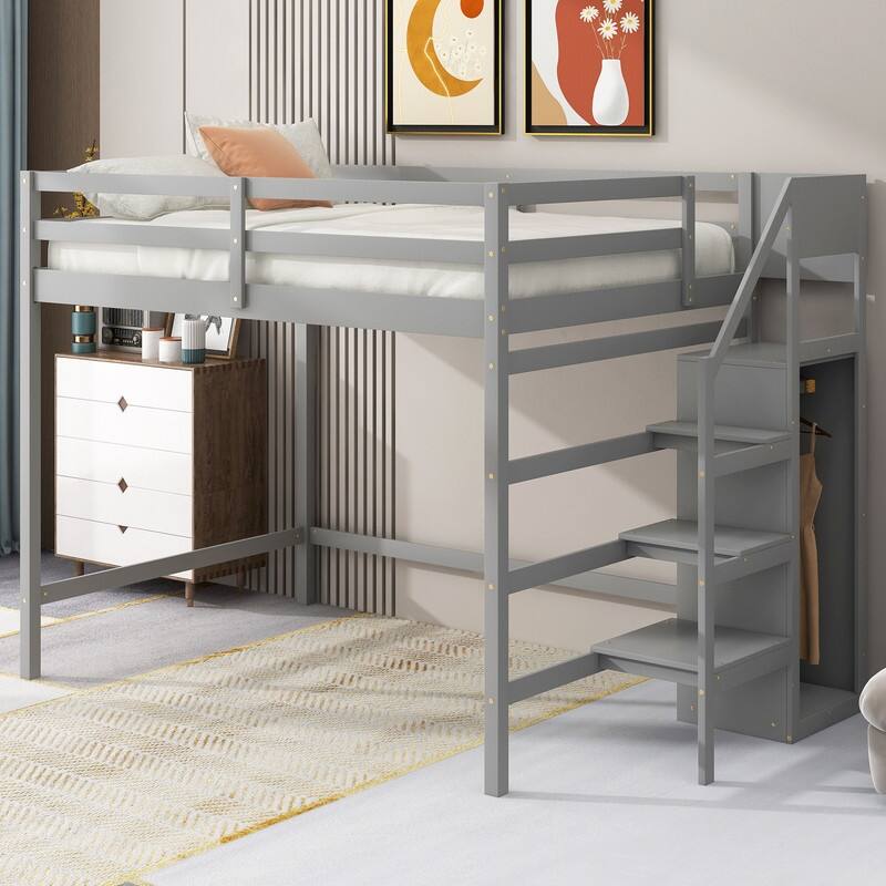 Wooden Full Size Loft Bed with Built-in Storage Wardrobe and Staircase - Natural