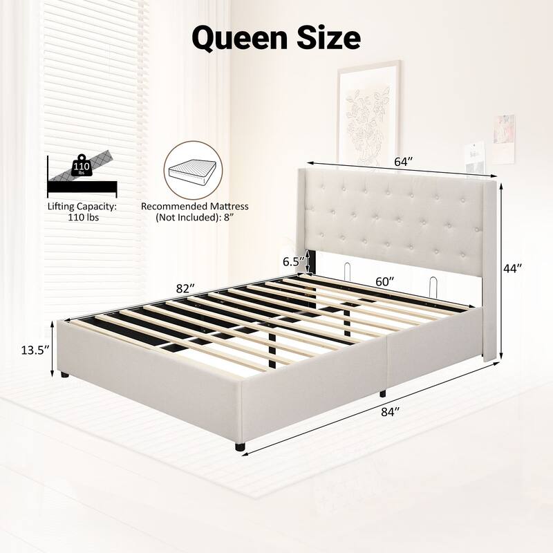 Gymax Queen Size Lift-up Storage Bed w/Tufted Wingback Headboard