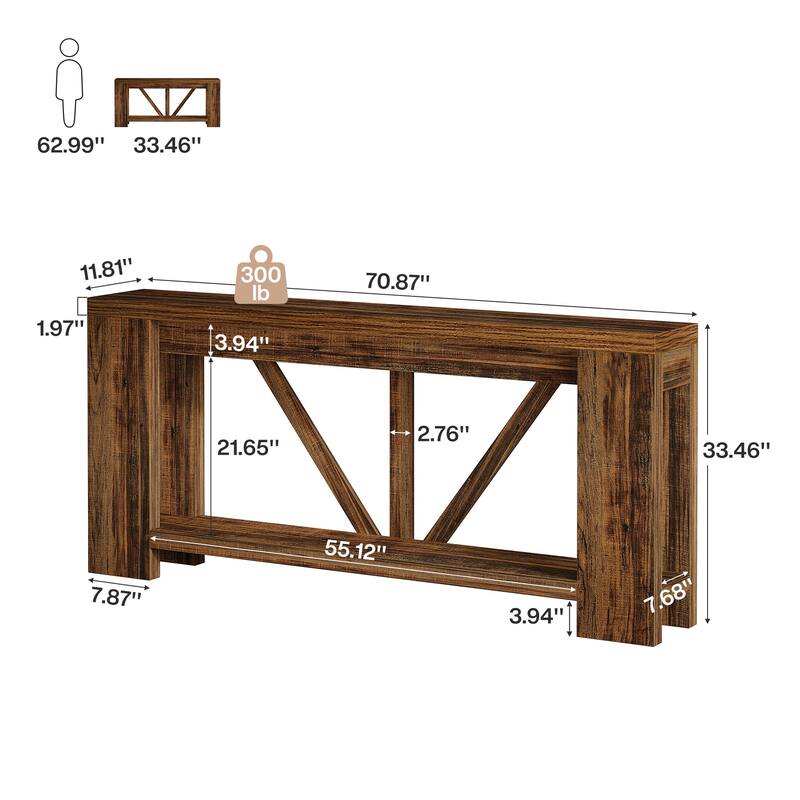 70.9-Inch Extra Long Console Table, 2-Tier Farmhouse Sofa Table Behind Couch