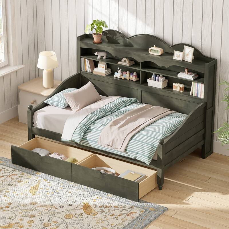Twin Daybed with Storage Drawers and Headboard Shelving Wooden Frame