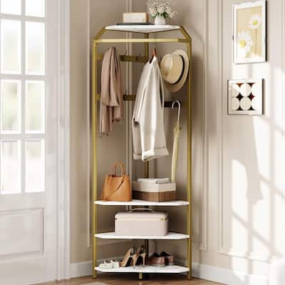 Corner Coat Rack With Shoe Bench Entryway, Corner Hall Tree With 6 Double Hooks