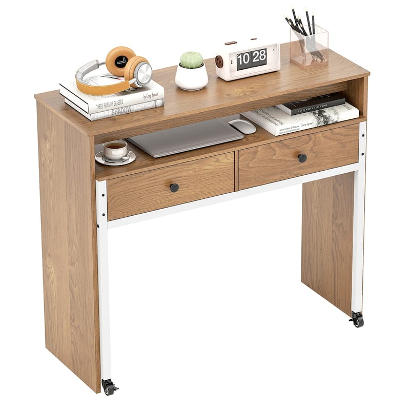 Gymax Extendable Computer Desk w/ 2 Storage Drawers & Monitor Shelf