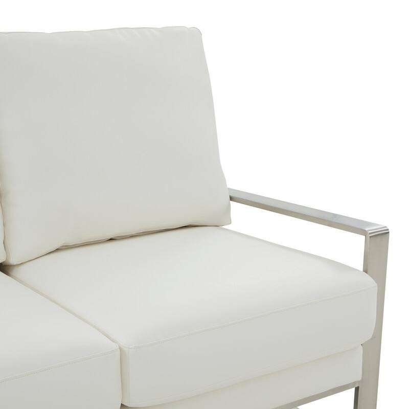 Jefferson Modern Leather Loveseat with Brushed Silver Stainless Steel Base, Removable Cushions, Sinuous Springs, Fully Assembled