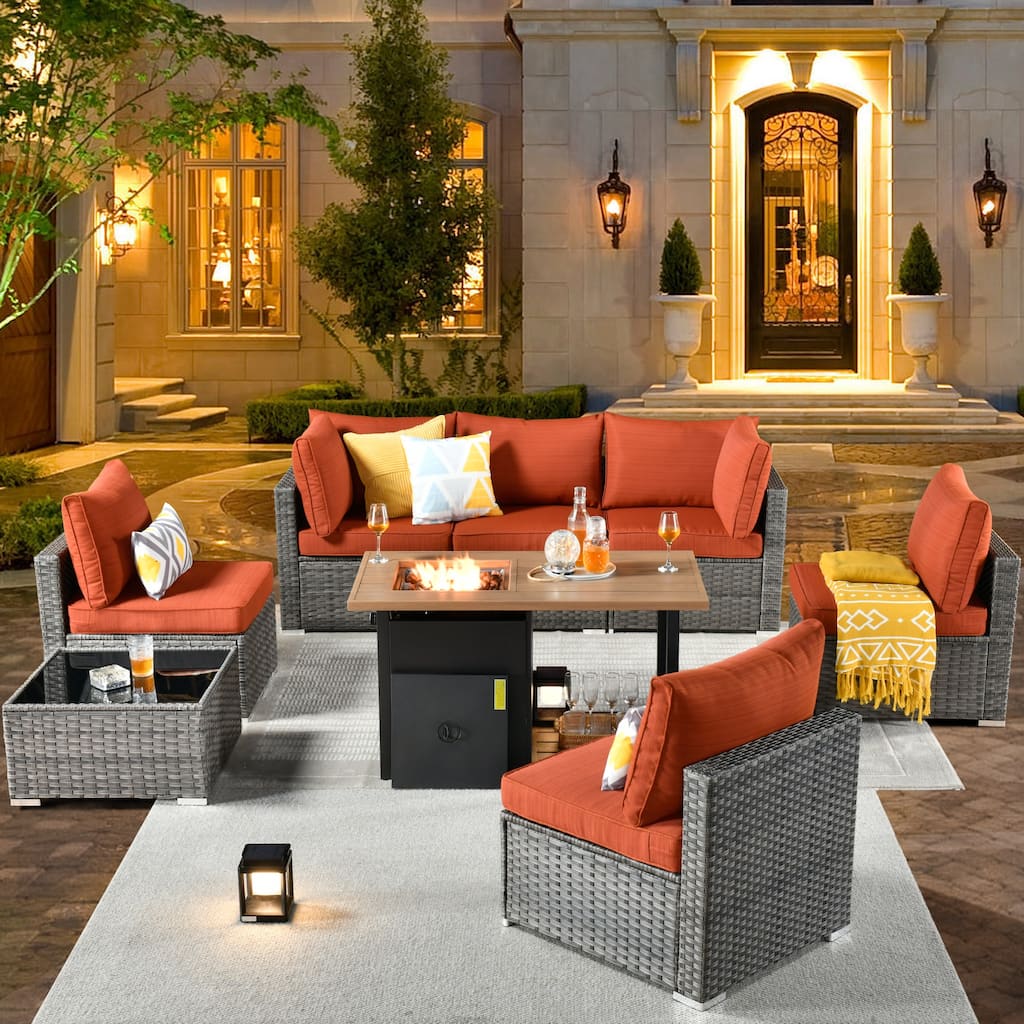 XIZZI 8-Piece Patio Wicker Furniture Conversation Set with Fire Table